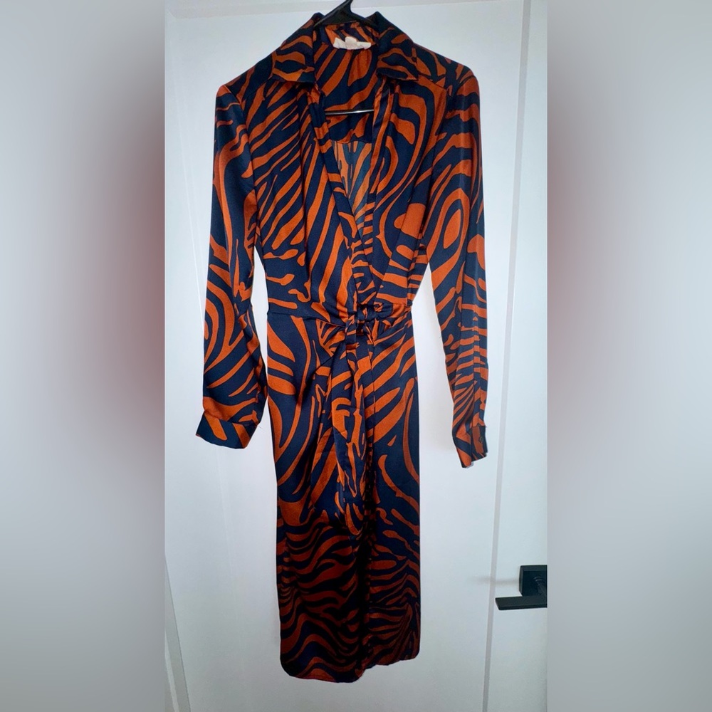 Lovestitch Orange and Navy Blue Wrap Dress with Notched Collar